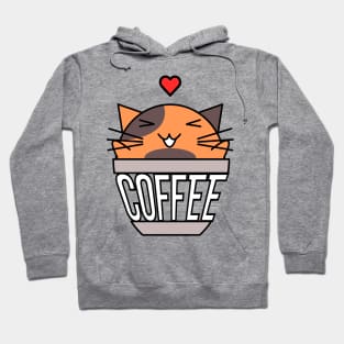 Happy cat in coffee cup with warped text heart on head orange and brown Hoodie